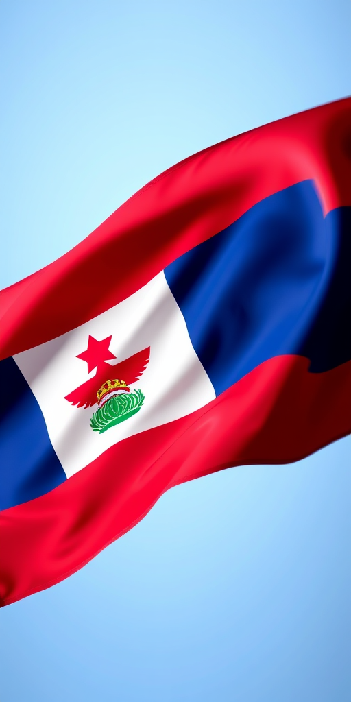 Create an image of a flag with a vibrant red, white, and blue design representing Costa Rica, using a high-resolution digital camera at f/2.8 aperture, ISO 100, 50mm lens, and a studio lighting setup for enhanced colors and clarity.