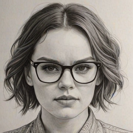 Elegant Daisy Ridley, pencil sketch, portrait of Enticing woman 1972s in glasses, hair style beatnik, outline, clear lines, fine lines, 8k