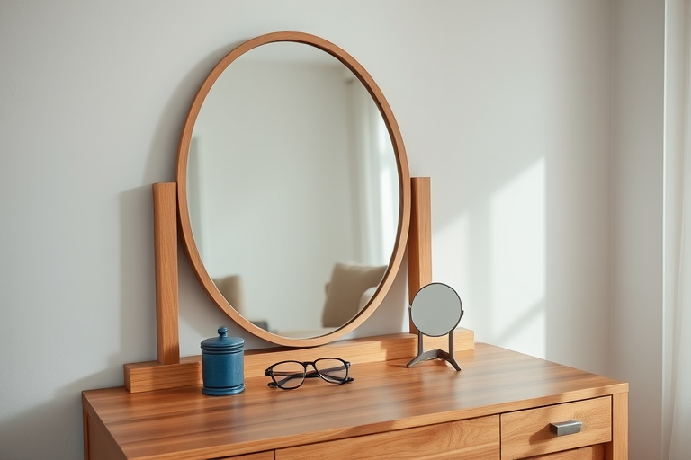 Create a high-resolution image of a wooden vanity table with an oval mirror, a small round mirror, a blue decorative container, glasses, a pair of scissors, and a small figurine, situated in a well-lit modern room with soft diffused lighting, using a DSLR camera, f/2.8 aperture, 50mm lens, ISO 100, and an eye-level view for maximum detail and clarity.