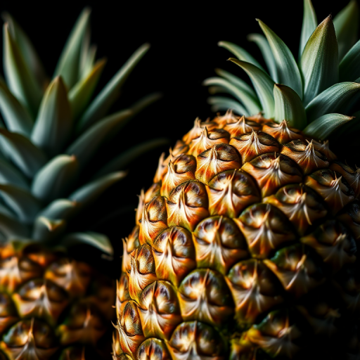 Close-up of two pineapples with contrasting textures and colors on a dark background, shot with a Canon EOS R5, 100mm f/2.8 macro lens, ISO 100, aperture f/5.6, and shutter speed 1/125s, using soft directional lighting for highlights and shadows.