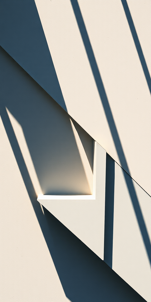 Create an abstract image featuring geometric shapes with sharp contrasts, use a DSLR camera with 50mm lens, aperture set to f/1.8, ISO 200, shot from a top-down view, in natural lighting to enhance shadows and depth.