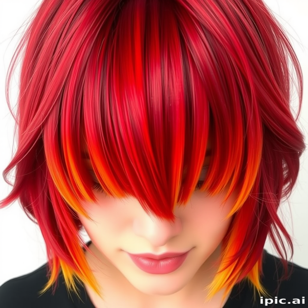 Fierce Flame Ombre Curtain Bangs framing the face with a bold transition from deep crimson roots to bright orange and yellow tips, creating a stunning fire-inspired effect