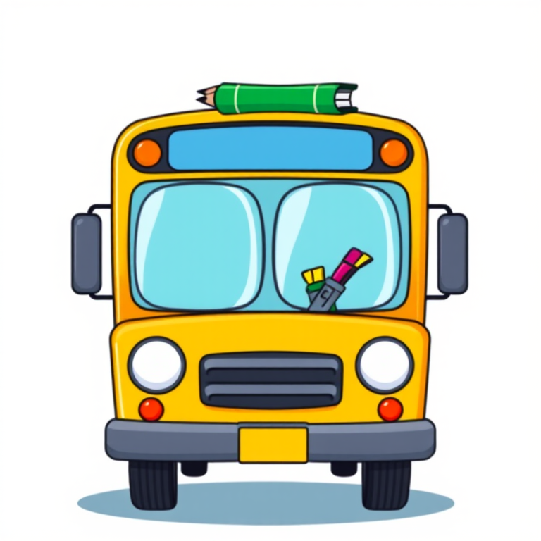 Create an illustration of a cartoon school bus, bright yellow with large rounded windows, carrying colorful pencils and a green book on top, set against a simple white background, using a digital drawing style with a resolution of 300 dpi, in a vector art format.