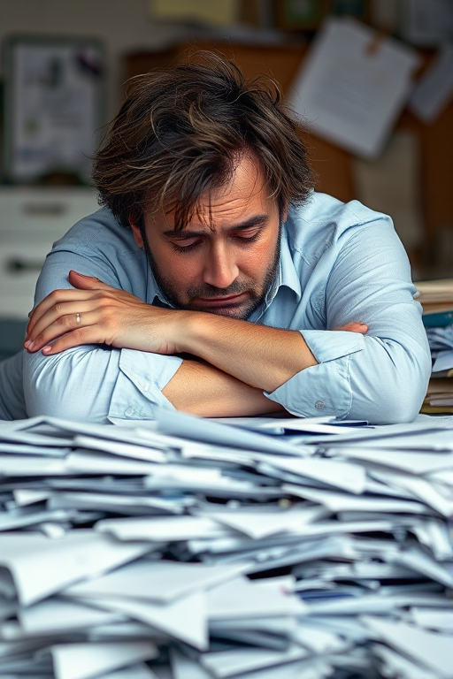 Regenerate the image of a tired man with messy hair resting his head on crossed arms among a large pile of papers, capture in soft focus with a shallow depth of field, using a Canon EOS R5, 85mm lens, aperture f/2.8, ISO 200, natural indoor lighting, emphasizing the contrast between the subject and the chaotic background.