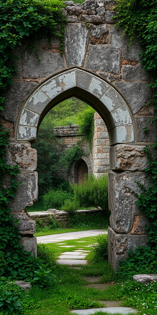 A weathered stone archway in an ancient ruin surrounded by overgrown vegetation, captured with a DSLR camera at aperture f/8, shutter speed 1/125, ISO 200, using a wide-angle lens from a low angle to enhance depth and detail in the textures.