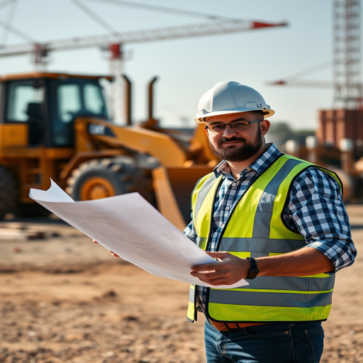 Create a high-resolution image of a construction site with a foreman holding blueprints, a bulldozer in the background, using a DSLR camera with a 50mm lens, aperture f/1.8, ISO 200, in natural daylight, with a slight vignette effect for focus enhancement.