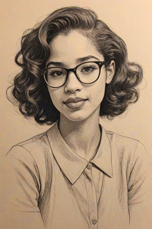 Charming Jasmin Savoy Brown, pencil sketch, portrait of Lovely woman 1941s in glasses, hair style beatnik, outline, clear lines, fine lines, 8k