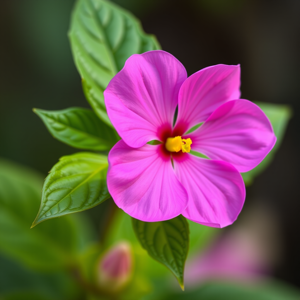 Create an image of a vibrant pink flower with five petals featuring a central yellow stamen, alongside two lush green leaves, using a macro lens with a shallow depth of field, f/2.8 aperture, ISO 100, 50mm focal length, soft natural lighting to enhance colors and details.
