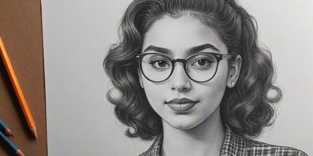 Bewitching Alessia Cara, pencil sketch, portrait of Elegant woman 1939s in glasses, hair style beatnik, outline, clear lines, fine lines, 8k