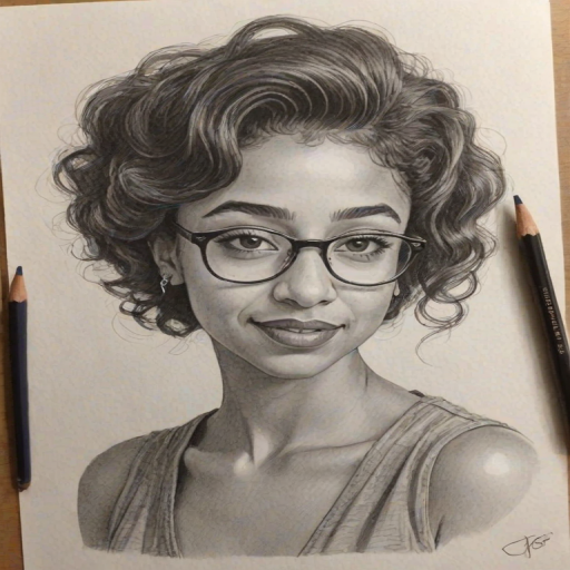 Wonderful Liza Koshy, pencil sketch, portrait of Enticing woman 1931s in glasses, hair style beatnik, outline, clear lines, fine lines, 8k
