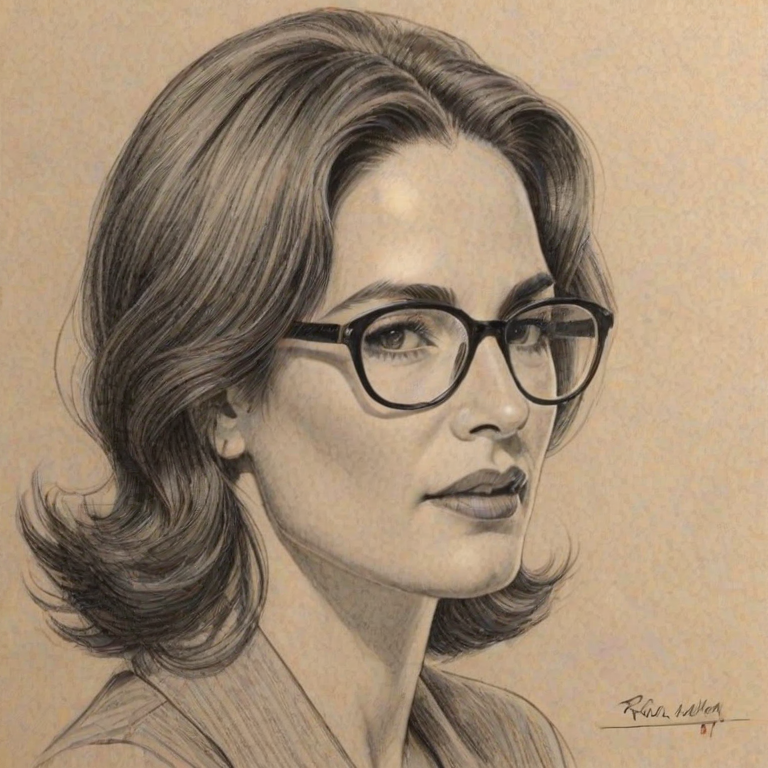 Resplendent Kim Delaney, pencil sketch, portrait of Ravishing woman 1931s in glasses, hair style beatnik, outline, clear lines, fine lines, 8k