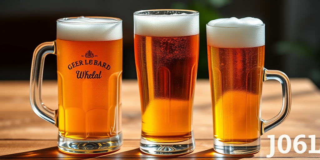 Create an image of three beer glasses, including a traditional stein, a tall wheat beer glass, and a short glass with foam on top, using a Canon EOS R5 camera, 50mm lens, f/2.8 aperture, 1/125 shutter speed, ISO 100, with natural lighting and a shallow depth of field to enhance the focus on the beers.