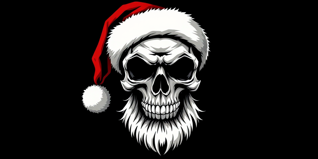 Create a high-resolution illustration of a menacing skull wearing a Santa hat with a long white beard, set against a solid black background, captured using a DSLR camera with a 50mm lens at f/1.8, ISO 100, and a slight vignette effect for emphasis.