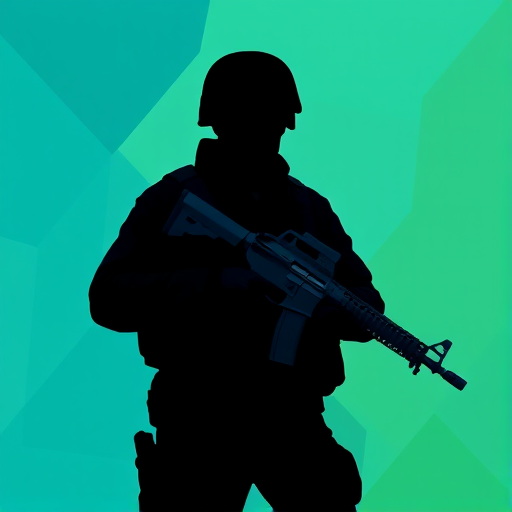 Create a digital illustration of a soldier in a dark uniform holding a rifle, using a geometric background with shades of turquoise and green, captured with a Canon EOS R5 at f/2.8, 1/200s, ISO 100 in a wide-angle view to emphasize the figure's silhouette against the vibrant backdrop.