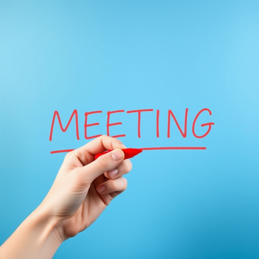 Create an image of a hand holding a red marker writing the word "MEETING" in bold letters on a smooth blue gradient background, using a Canon EOS R camera, 50mm lens, aperture f/2.8, ISO 100, and soft focus effect for an artistic touch.
