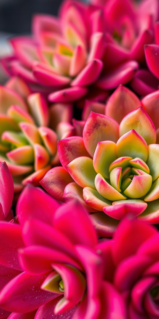 Close-up of vibrant succulents with rich pink and green hues, shallow depth of field, natural lighting, f-stop 2.8, ISO 100, focal length 50mm, DSLR camera style.