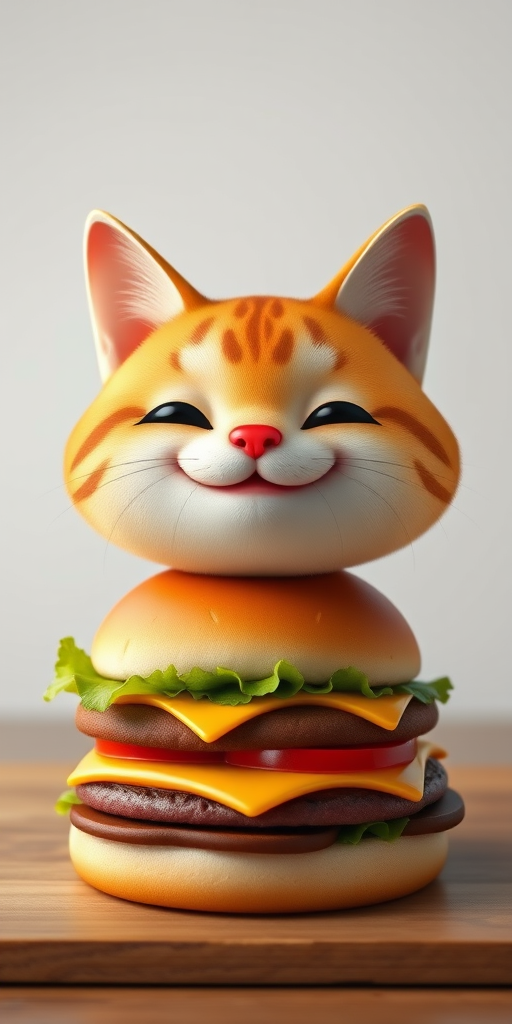 Create a cartoon-style image of a cat-burger hybrid with a smiling face, bright colors, and a clean background, captured with a DSLR camera at f/2.8, ISO 100, 50mm lens for sharp detail.