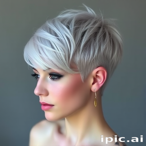 Ethereal silver pixie cut with delicate wisps framing the face, Luna's hair glimmers like starlight, featuring intricate geometric patterns shaved into the sides for an otherworldly and edgy aesthetic