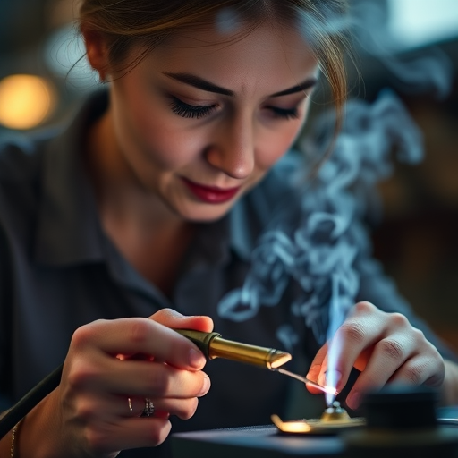 portrait of a woman soldering with smoke rising from the soldering iron, shallow depth of field, focus on hands and tool, 50mm lens, aperture f/1.8, ISO 200, natural and artificial lighting, captured with a DSLR camera