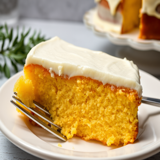 A slice of moist yellow cake with creamy white frosting served on a white plate with a fork beside it the background features a partially visible whole cake on a cake stand and some greenery for decoration