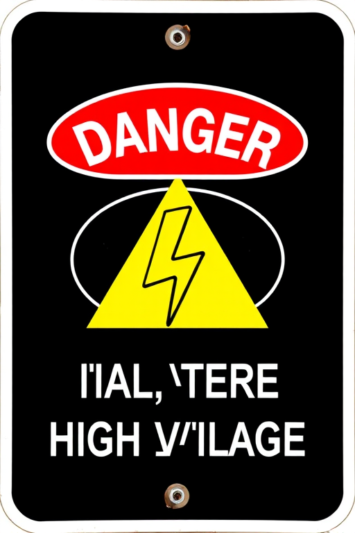 Create a high-quality image of a "Danger High Voltage" sign featuring a bold red oval for "DANGER," black background, and a yellow triangle with a lightning bolt icon, use a DSLR camera with a 50mm lens, aperture f/1.8, ISO 100, 1/200 shutter speed, taken from a straight-on view to enhance clarity and detail in bright lighting conditions.