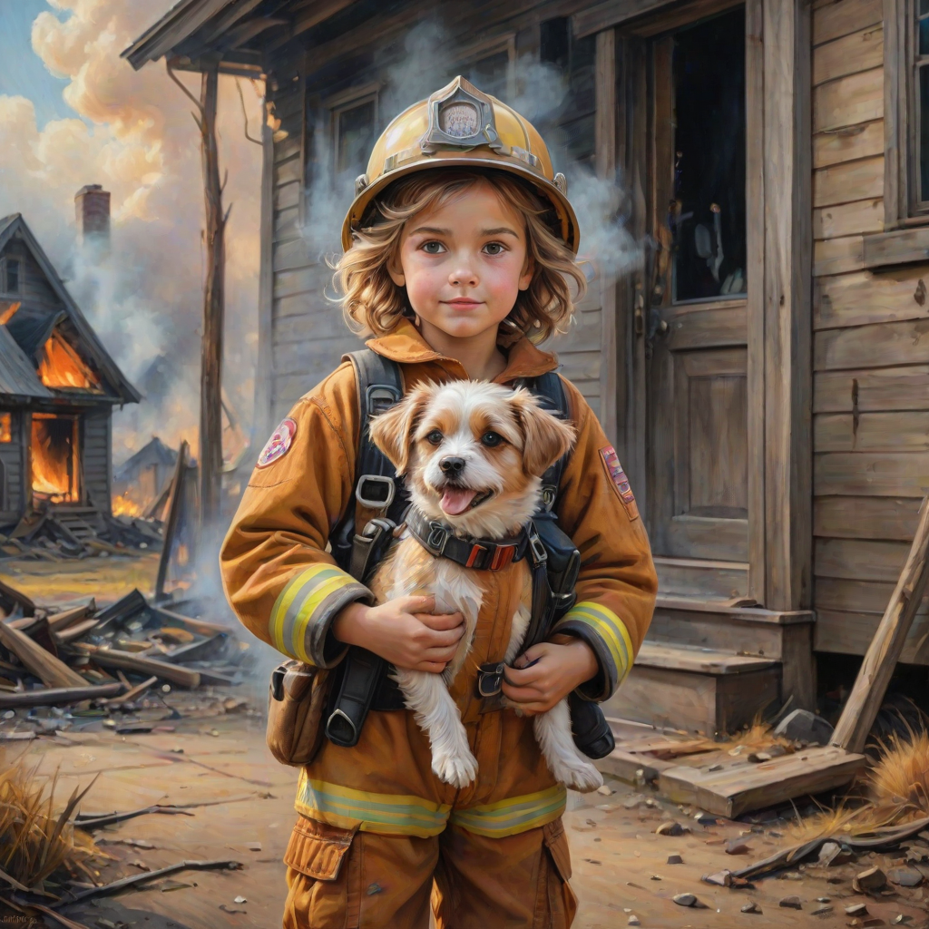 airbrushed oil painting, pixar style, cute little girl in fireman gear, helmet, tousled hair, expressive eyes, standing in the doorstep of a cottage burning behind him, holding a cute little dog in her arm, atumn sky