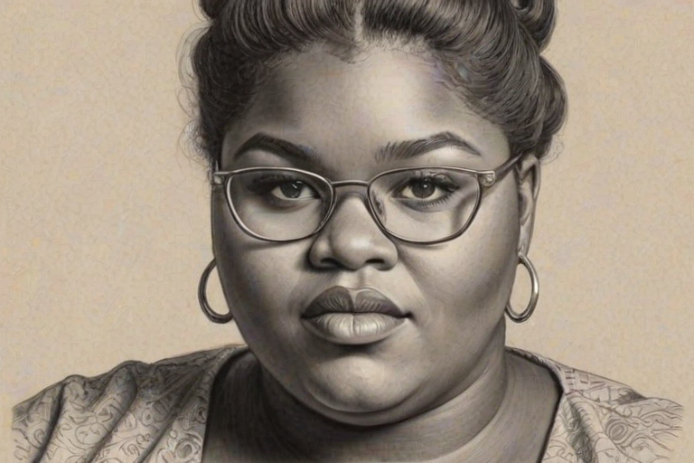 Elegant Gabourey Sidibe, pencil sketch, portrait of Pleasing woman 1975s in glasses, hair style beatnik, outline, clear lines, fine lines, 8k