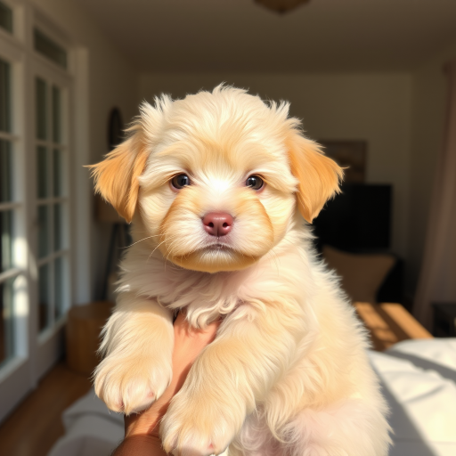Generate an image of a fluffy light brown puppy being held by a person with a cozy indoor background featuring sunlight and soft textures the puppy has a cute expression with big eyes and a small nose