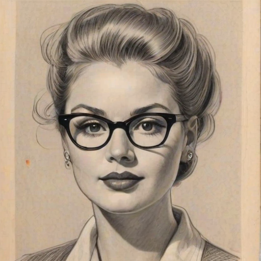 Magnificent Debbie Ryan, pencil sketch, portrait of Pleasing woman 1953s in glasses, hair style beatnik, outline, clear lines, fine lines, 8k