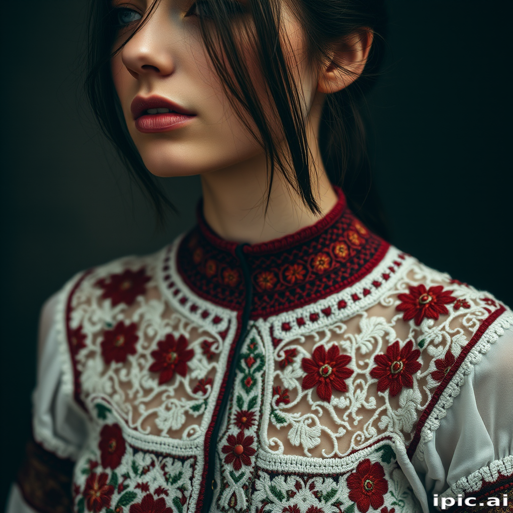 Face, shoulders, chest covered in openwork Ukrainian embroidery. Raw, unedited image.