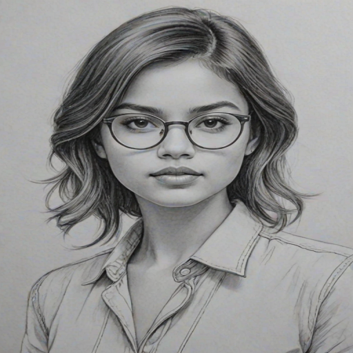 Superb Isabela Moner, pencil sketch, portrait of Superb woman 1977s in glasses, hair style beatnik, outline, clear lines, fine lines, 8k