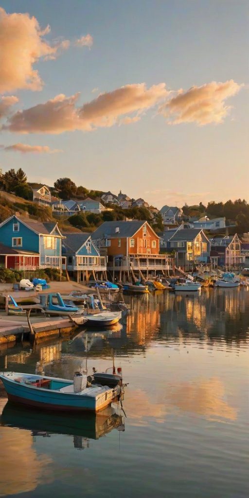 Softly lit, wide-angle shot of a coastal village at sunset, soft golden light reflecting off the water, with small fishing boats gently bobbing in the harbor and colorful homes lining the shore.