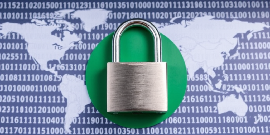 Generate an image of a metallic padlock over a green circle, set against a background of binary code on a world map, using a DSLR camera at f/8 aperture, ISO 100, 50mm lens, with a shallow depth of field and natural light to enhance details and contrast.