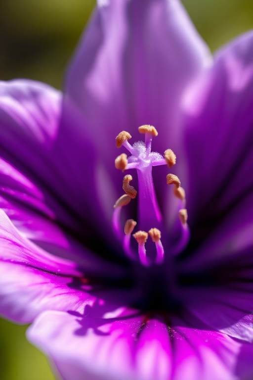 macro shot of a vibrant purple flower with delicate petals and a focus on the intricate details of the stamens, ISO 100, aperture f/2.8, shutter speed 1/200s, 100mm macro lens, soft natural lighting, DSLR camera, shallow depth of field.