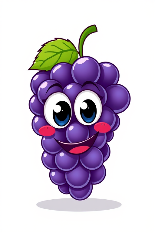 Create a vibrant cartoon-style illustration of a smiling grape character with large eyes and a green leaf on top, shot with a DSLR camera at f/2.8, 50mm lens, ISO 100, in vibrant colors on a white background.