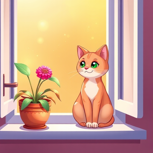 Create a high-resolution illustration of a cartoon cat sitting on a windowsill next to a colorful potted plant, bright warm colors, with a soft focus effect, using a digital drawing style and a tablet, at 300 DPI with a 16:9 aspect ratio.