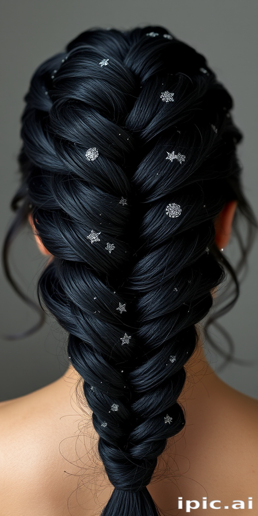 Raven black crown braid adorned with shimmering silver threads, the "Starry Night" design combines classic elegance with celestial inspiration