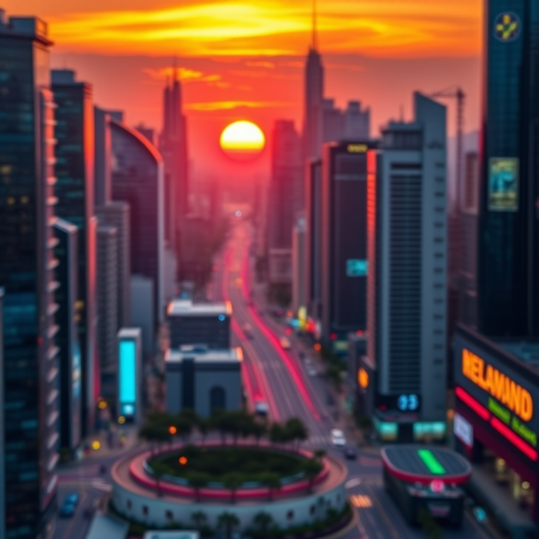 Generate a high-resolution image of a futuristic cityscape at sunset with vibrant colors, using a Canon EOS R5 camera, 24mm lens, f/8 aperture, ISO 100, and a slight tilt-shift effect to enhance depth and perspective.