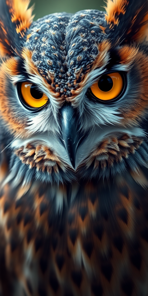 Create a highly detailed digital illustration of a fierce owl with vibrant yellow eyes and textured brown feathers, using a Canon EOS 5D Mark IV at f/2.8, ISO 100, 50mm lens, with macro photography style to enhance focus on the bird's expression and feather details.
