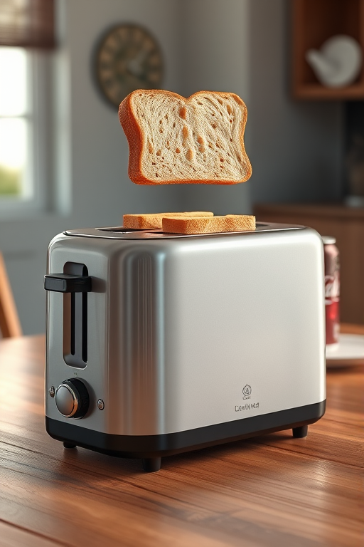A high-quality 3D rendering of a modern toaster with two slices of perfectly toasted bread hovering above it, set on a wooden table with a plate and a soda can in the background, captured with a 50mm lens at f/1.8, ISO 200, 1/250s, in natural light from a nearby window to enhance the textures and details.