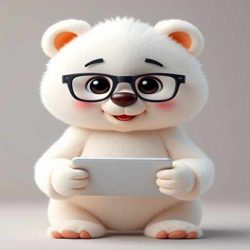 create a cute animated character of a fluffy white bear wearing glasses and holding a tablet, high-resolution, focus on vibrant colors, depth of field, shot with a digital camera, f/2.8 aperture, ISO 100, 50mm lens, studio lighting setup, soft shadows, neutral background