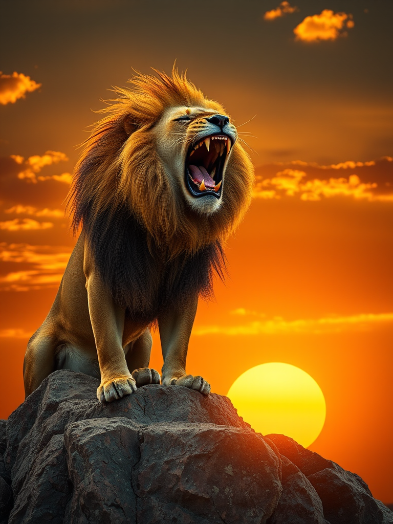 A majestic lion roaring atop a rocky outcrop with a vivid sunset in the background, captured with a Canon EOS R5, 85mm f/1.2 lens, ISO 100, f/11, 1/200s, in dramatic golden hour lighting for enhanced contrast and detail.