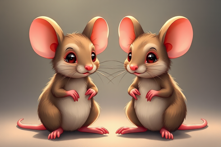 Create a high-resolution illustration of two cartoon mice sitting upright, facing each other, with exaggerated features and whiskers, using a digital art style, 50mm lens, f/2.8 aperture, ISO 100, and a soft focus background for enhanced clarity.