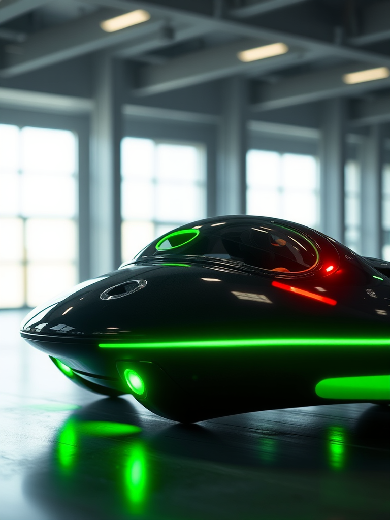 Create a high-resolution image of a futuristic black and green hovercraft, side view, with dramatic lighting and a soft focus background, using a DSLR camera with a 50mm lens, aperture set to f/1.8, ISO 100, at a shutter speed of 1/200 sec.