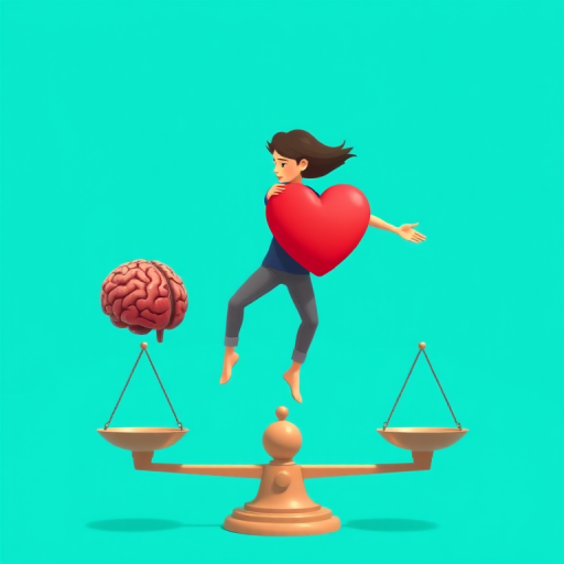 Create an illustration of a person balancing a brain and a heart on scales, using a vibrant turquoise background, with a focus on dynamic movement, captured with a 50mm lens at f/2.8, soft lighting, and a high-resolution digital art style.