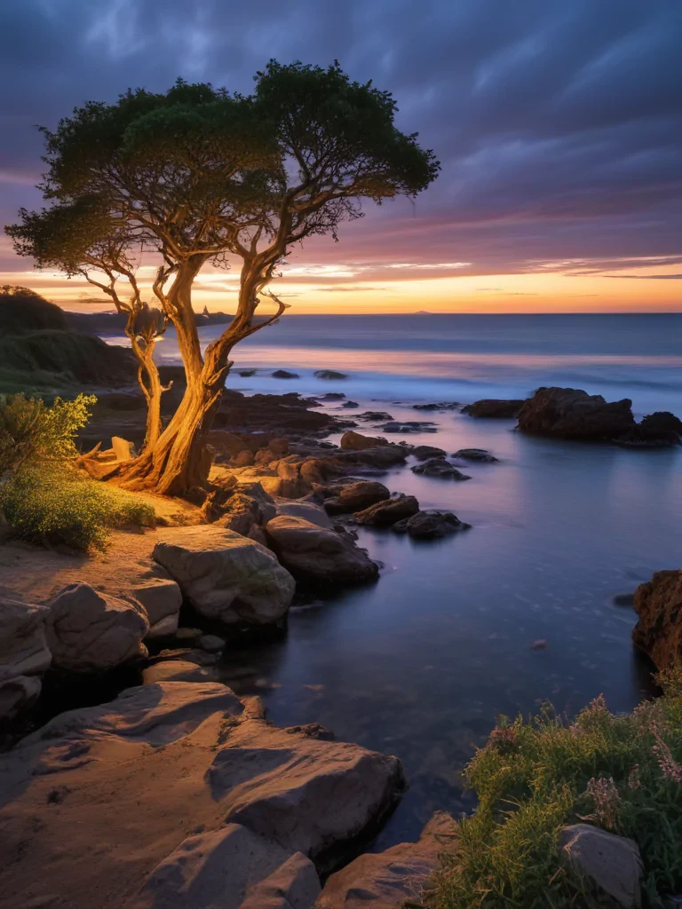 Serene Sunset Over Ocean with Lone Tree on Rocky Shoreline