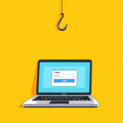 Create a high-resolution illustration of a laptop on a bright yellow background with a fishing hook dangling above it, displaying a login form with hidden password fields, using a digital art style, at 300 DPI, with a top-down view, using a vector graphics software.
