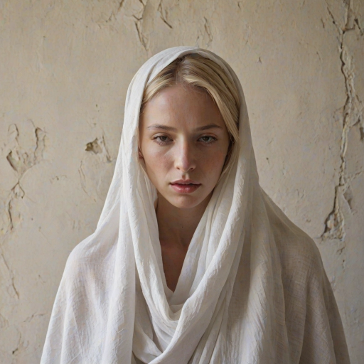 Create a close-up photographic image of the head and torso of a person with light skin tones shown against an old, worn wall. Their head is wrapped in a white cloth covering (i.e.... parts of the head except the nose and mouth, which are open as if they are screaming...), with a slight texture and visible folds in the fabric. Thin strands of blonde hair escape from the wrapping above, falling lightly at the top and sides. Their hands hold the fabric as if they are tugging nervously. The lighting is dramatic and even, casting strong shadows. The image has a minimalist and surreal style with an emphasis on simplicity with soft color tones. The composition is centered.