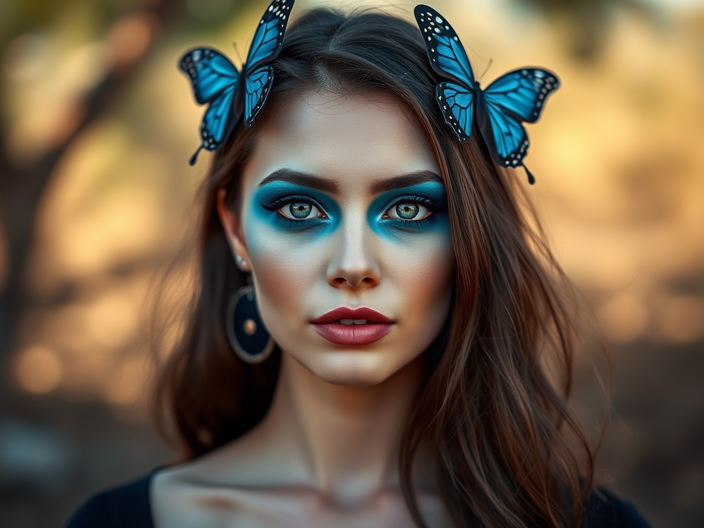 Portrait of a woman with striking blue makeup and a butterfly headpiece, soft focus background, natural light, 85mm lens, f/1.8 aperture, ISO 100, shot from eye level, using a Canon EOS R5.