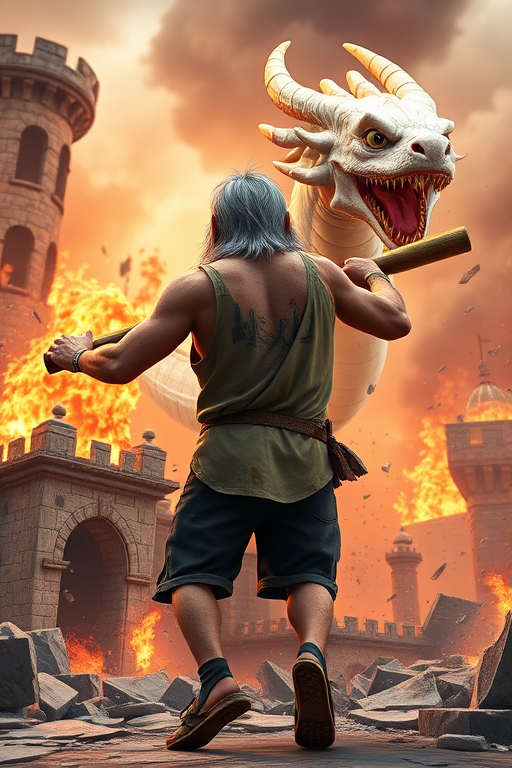Cartoon 3D High-Resolution,dynamic battle scene using Unreal Engine 5 and Octane Render. The scene features back of an elderly, thai man with a beard,messy hair and round golden-rimmed glasses. He is wearing a tattered tank top with soot marks, shorts, and sandals. sweating. he wields a baseball bat. He jump to fight with a white fire-breathing Europe dragon amidst a partially destroyed stone castle. Include intense flames, smoke, and debris to enhance the dramatic effect.